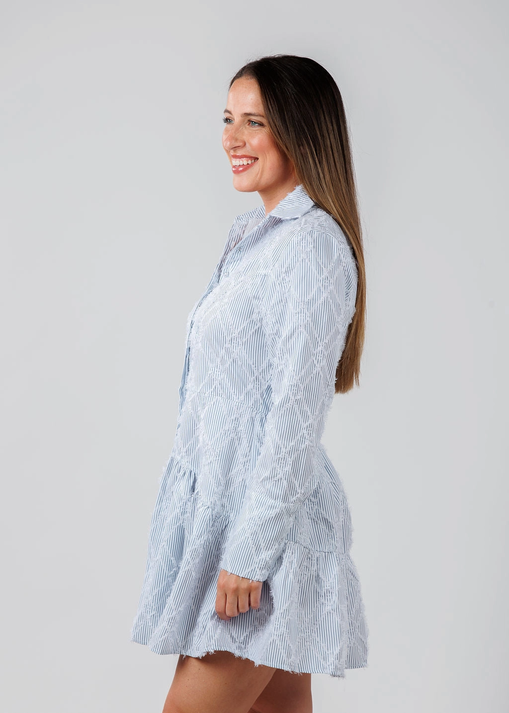 Balanced Light Fine Texture Striped Fringe Detail Dress - Blue