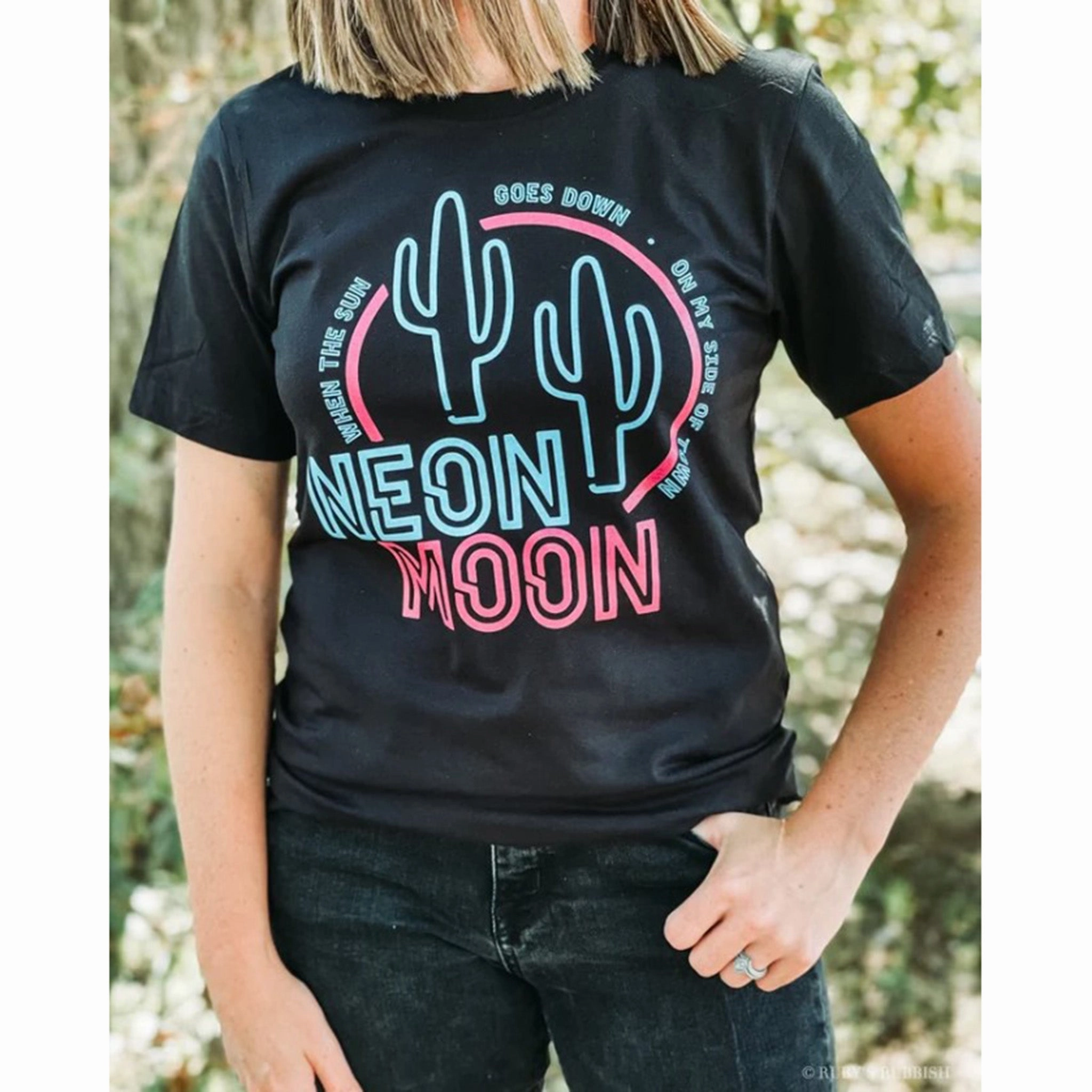 Ruby's Rubbish Women's Neon Moon Black Tee FoldableFeature