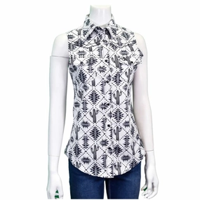 ComfortStretch LowImpact Dye Process Cowboy Hardware Women's White Aztec Saguaro Sleeveless