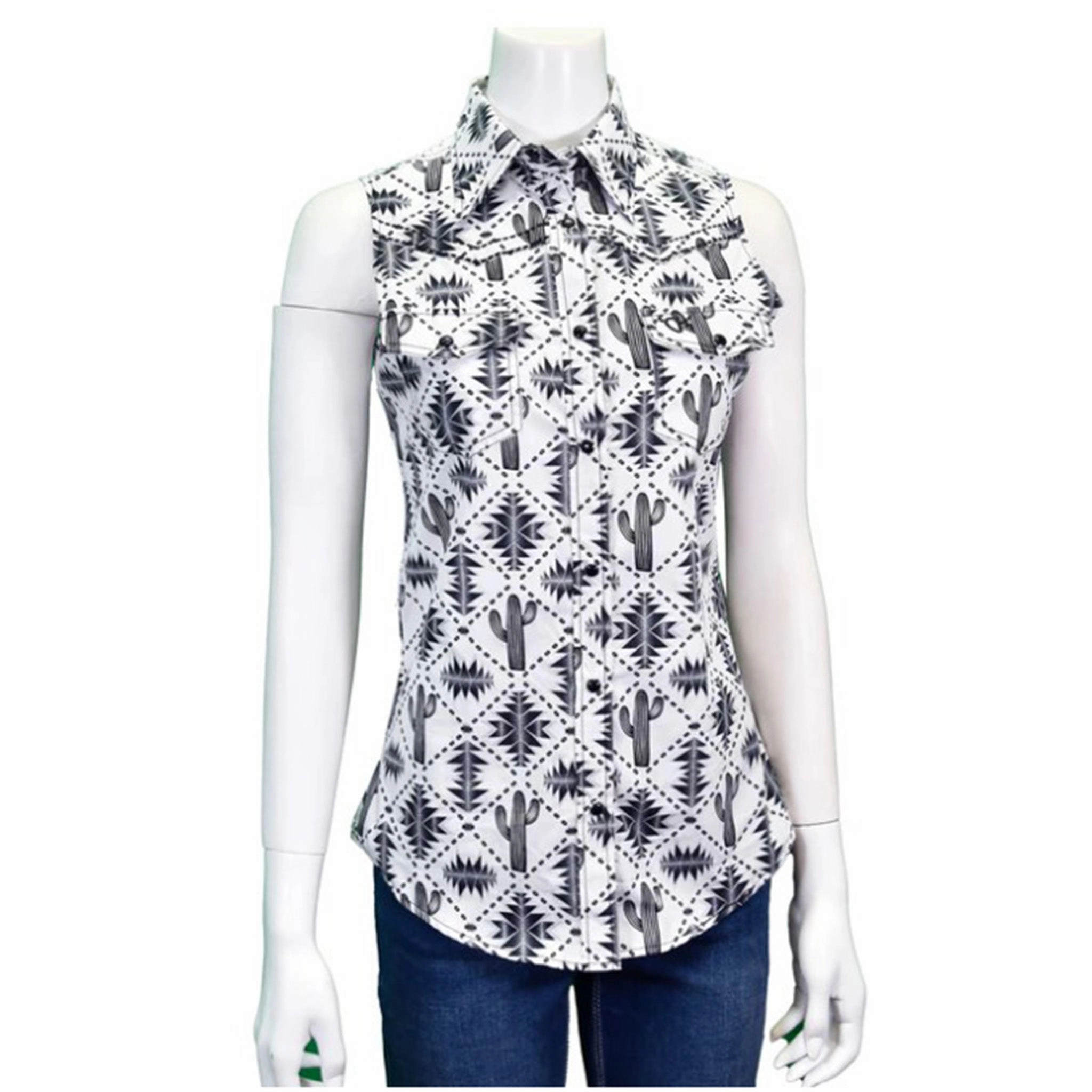 Ribbed collar Retro Style Cowboy Hardware Women's White Aztec Saguaro Sleeveless
