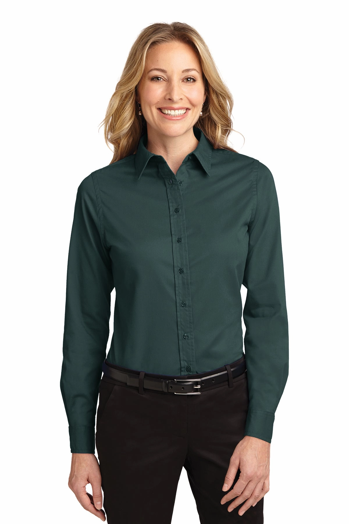 Anti Pilling AllDay Comfort Tech Women's Solid Dark Green Long Sleeve Shirt