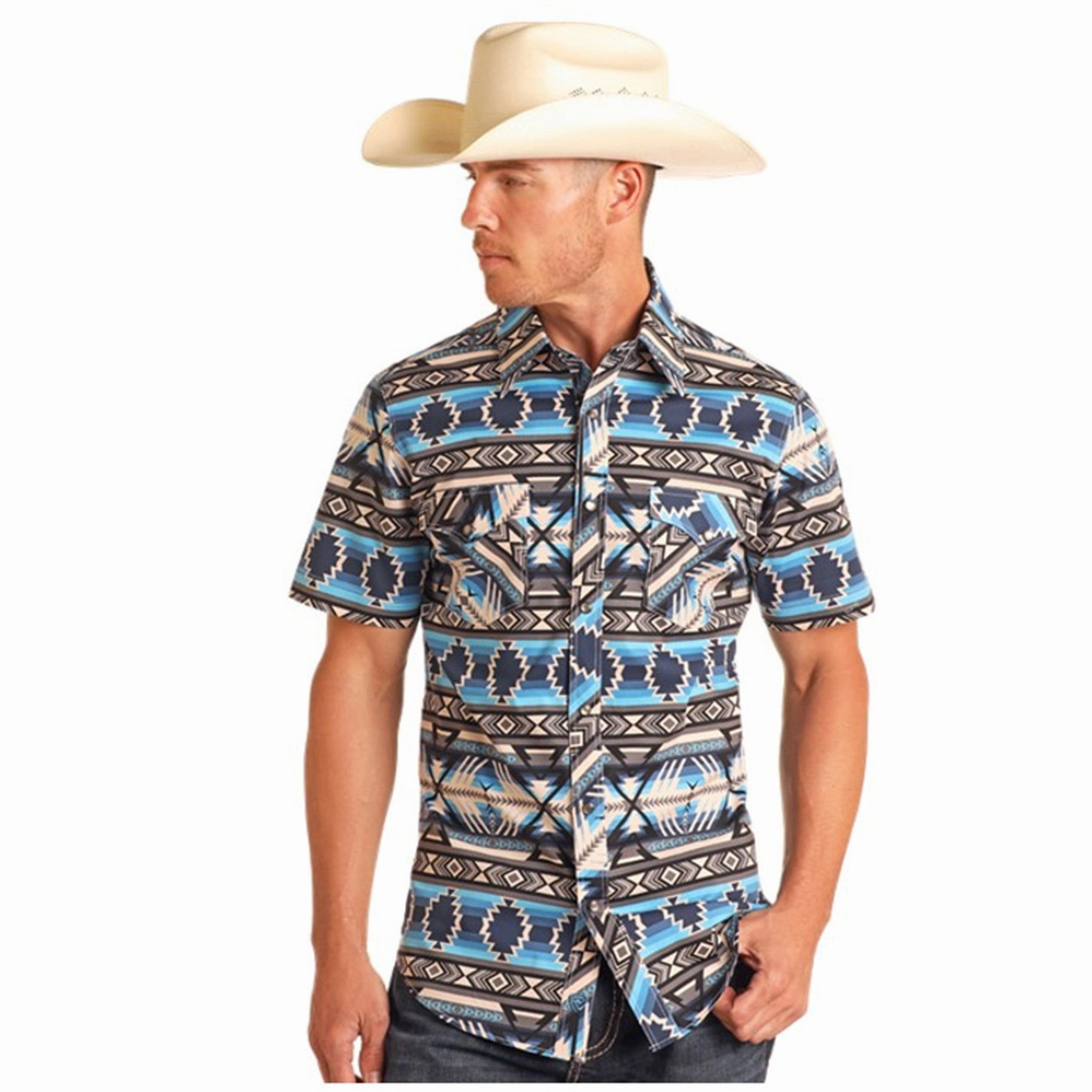 Preppy Vibe Rock & Roll Cowboy Men's Blue/Grey Aztec Short Sleeve