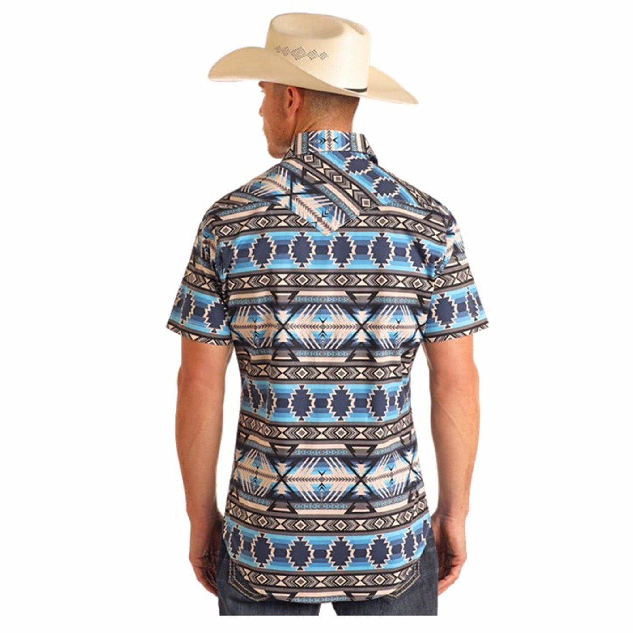 Rock & Roll Cowboy Men's Blue/Grey Aztec Short Sleeve Quality Material Wrinkle Resistant Material