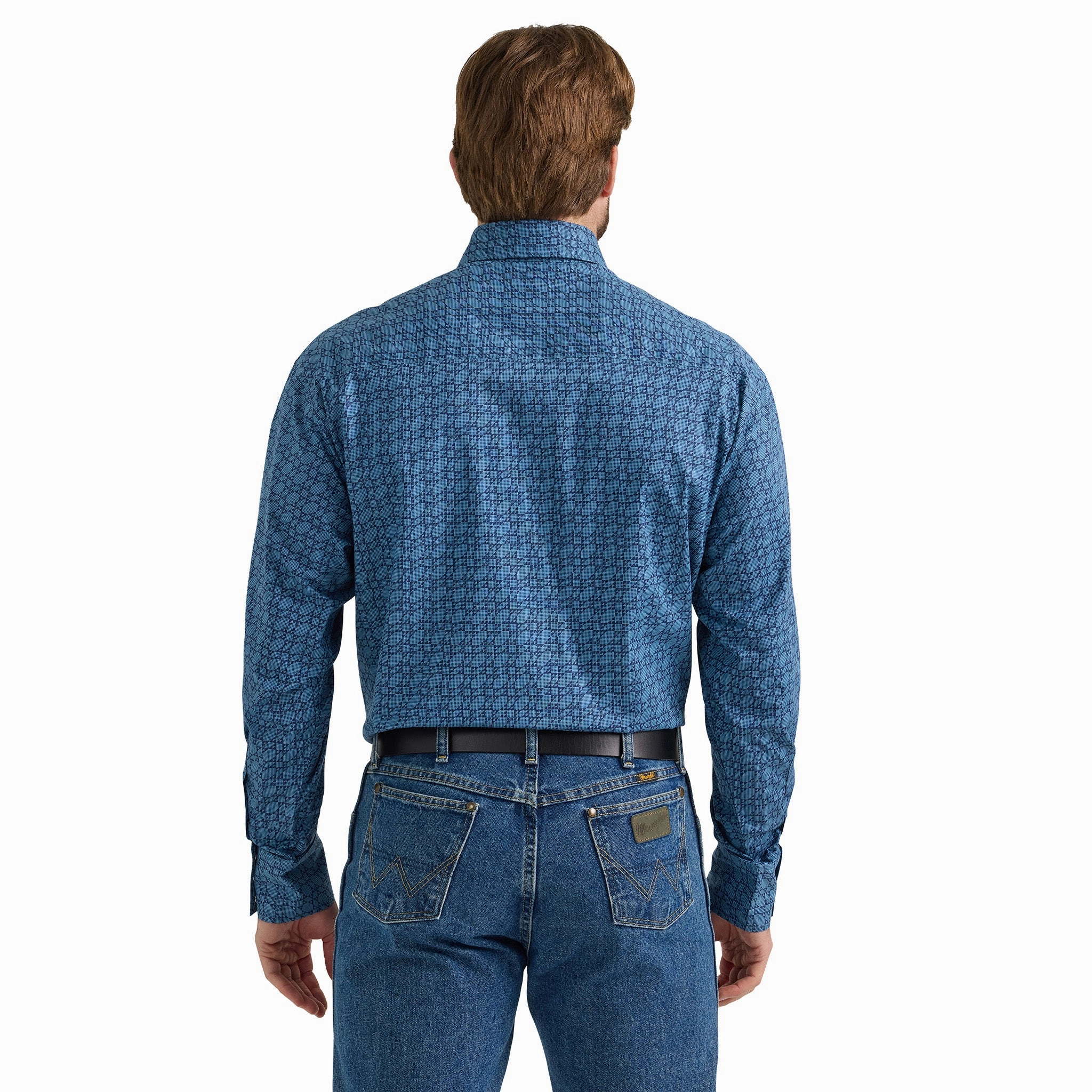 Twill Weave Military Inspired Wrangler Men's George Strait Blue Geo Print Long Sleeve
