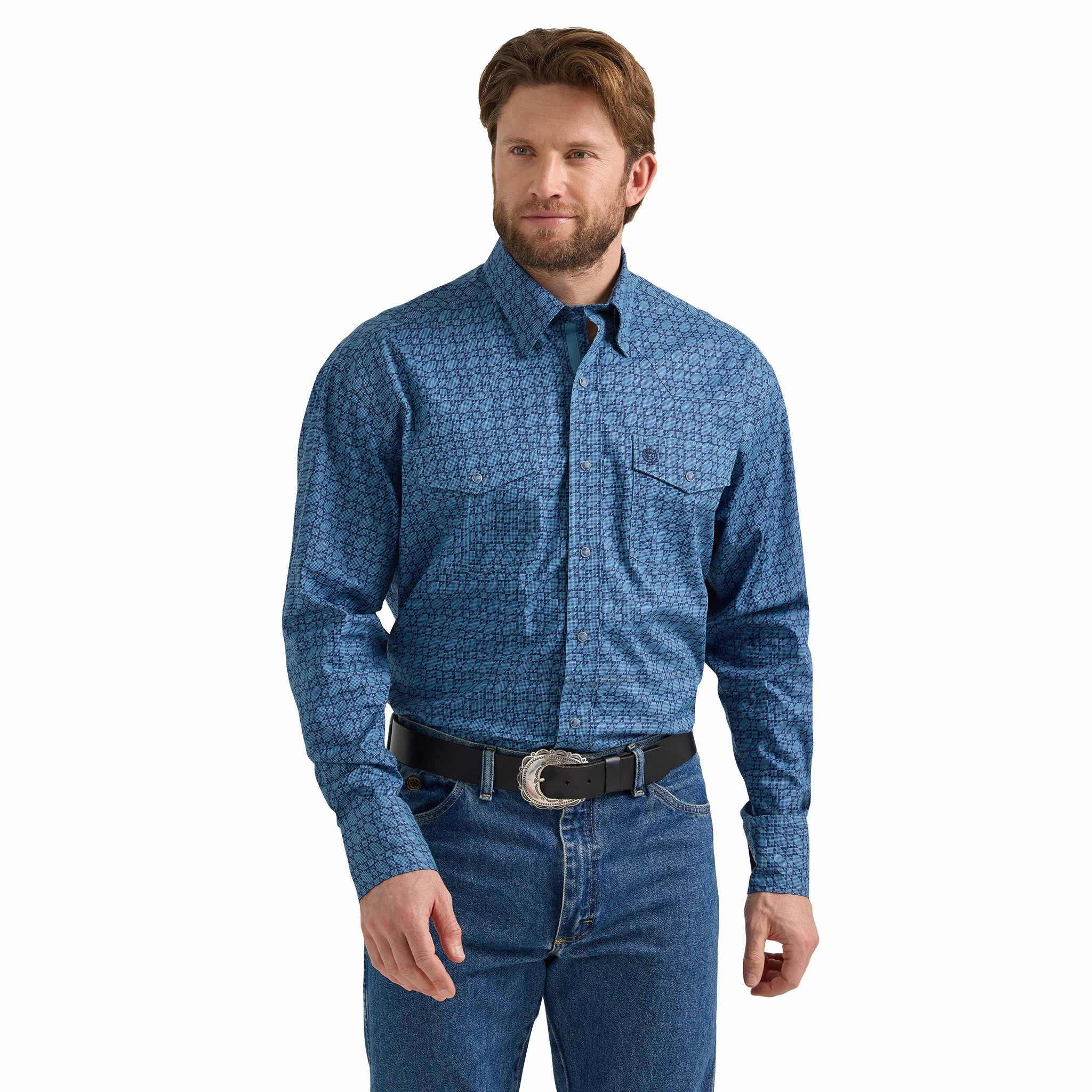 Wrangler Men's George Strait Blue Geo Print Long Sleeve Work-to-Weekend Moisture Wicking Material