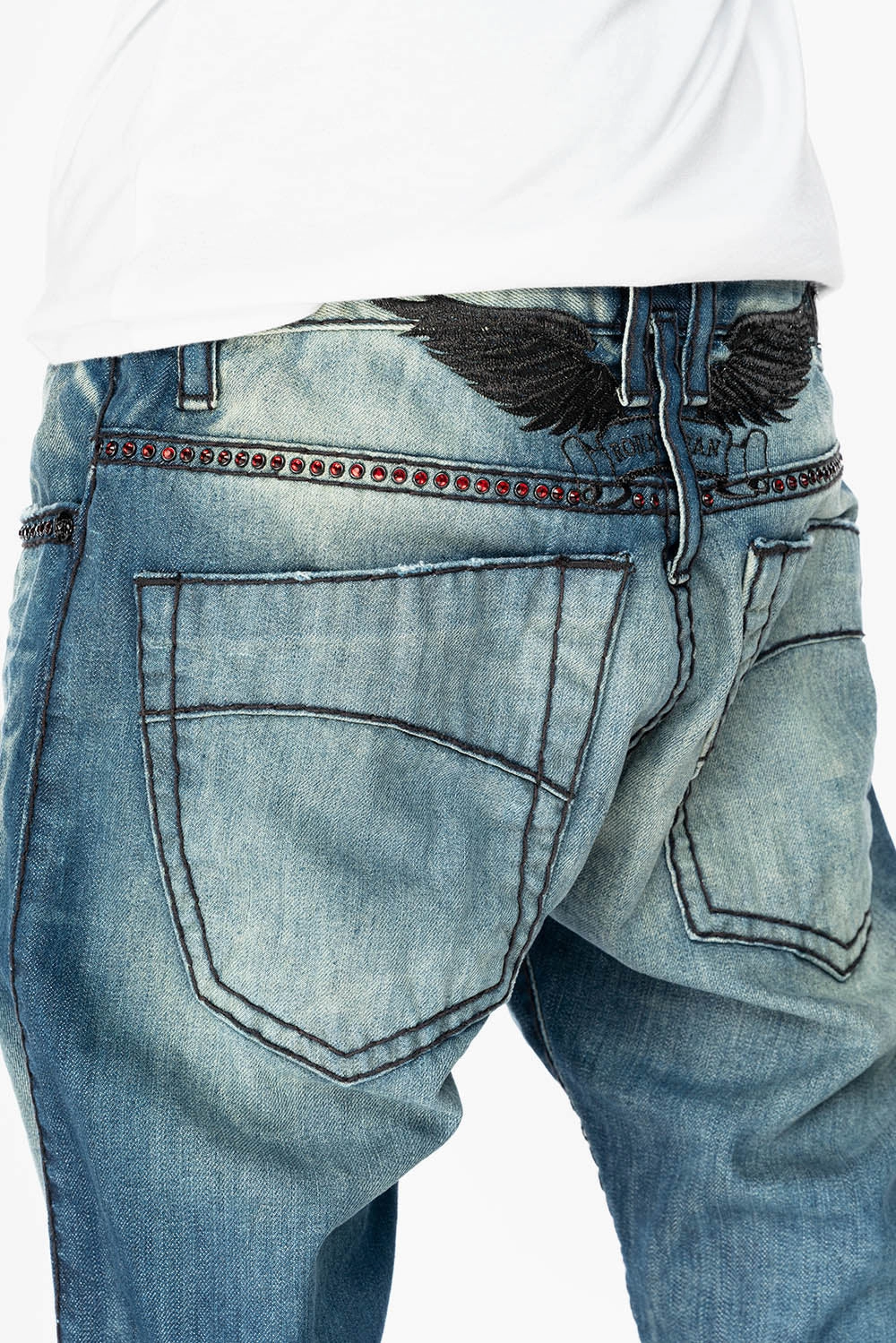 LIMITED EDITION  SLIM FIT JEANS IN OMAHA GASOLINE WASH WITH HEAVY STITCHING EMBELLISHED WITH RED CRYSTALS Fashion Fit Design