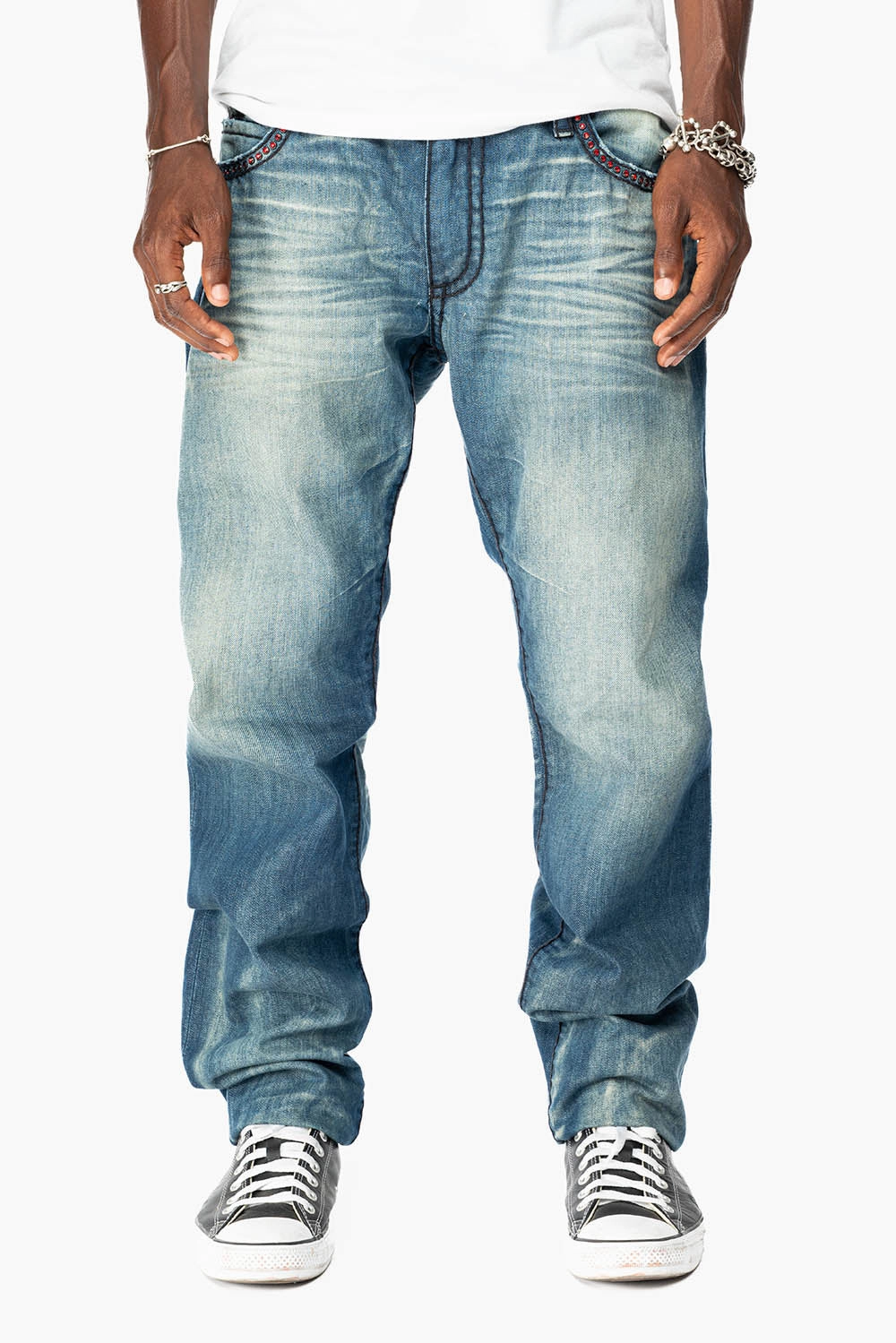 Sustainable Student Outfit Nature Lover LIMITED EDITION  SLIM FIT JEANS IN OMAHA GASOLINE WASH WITH HEAVY STITCHING EMBELLISHED WITH RED CRYSTALS