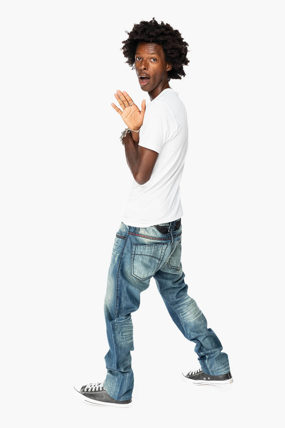 Easy Pair LIMITED EDITION  SLIM FIT JEANS IN OMAHA GASOLINE WASH WITH HEAVY STITCHING EMBELLISHED WITH RED CRYSTALS