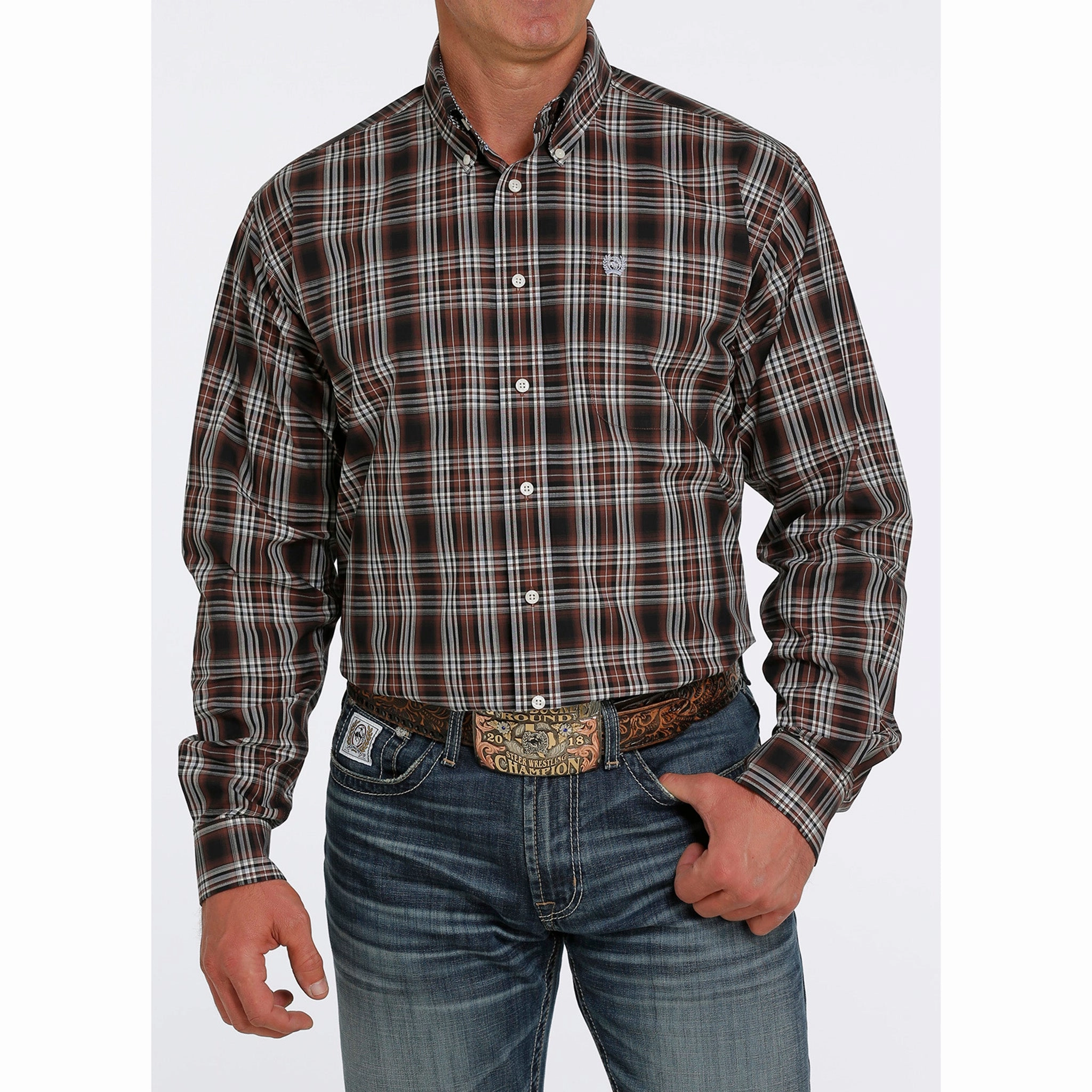 Layered Look Cinch Men's Brown/Cream Plaid Shirt