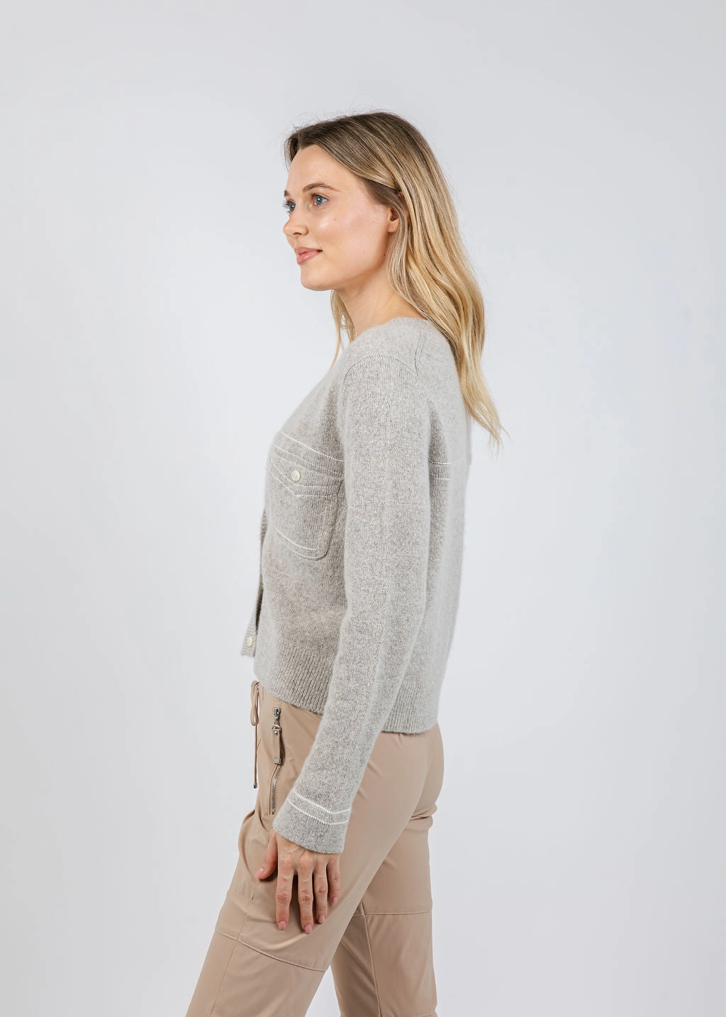 Wool/Cashmere Cardigan With Contrast Stitching - Hazel Effortless Layer