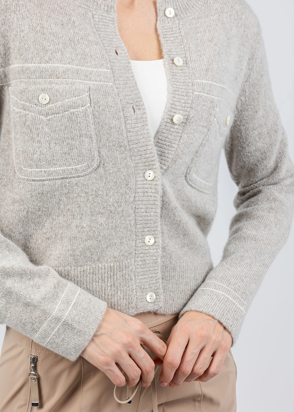 Wool/Cashmere Cardigan With Contrast Stitching - Hazel Bias Cut Hem Details Sport Layers