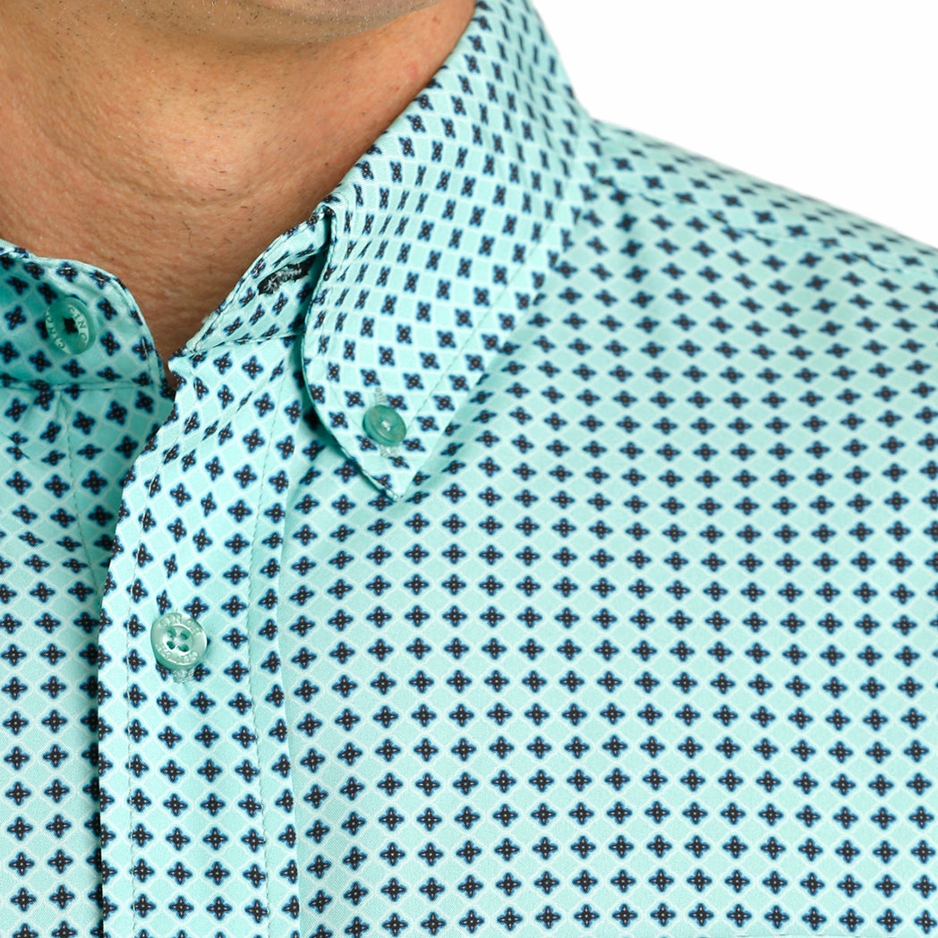 Tailored Cuffs Soft Feel Cinch Men's Turquoise Print Arena Flex Short Sleeve