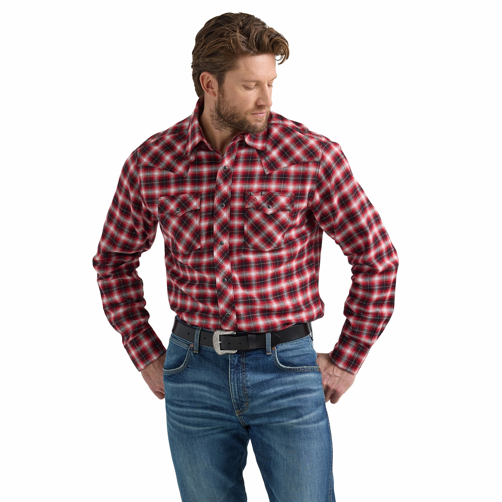 Anti Static Treatment Stretch Material Wrangler Men's Retro Long Sleeve Flannel Pearl Snap