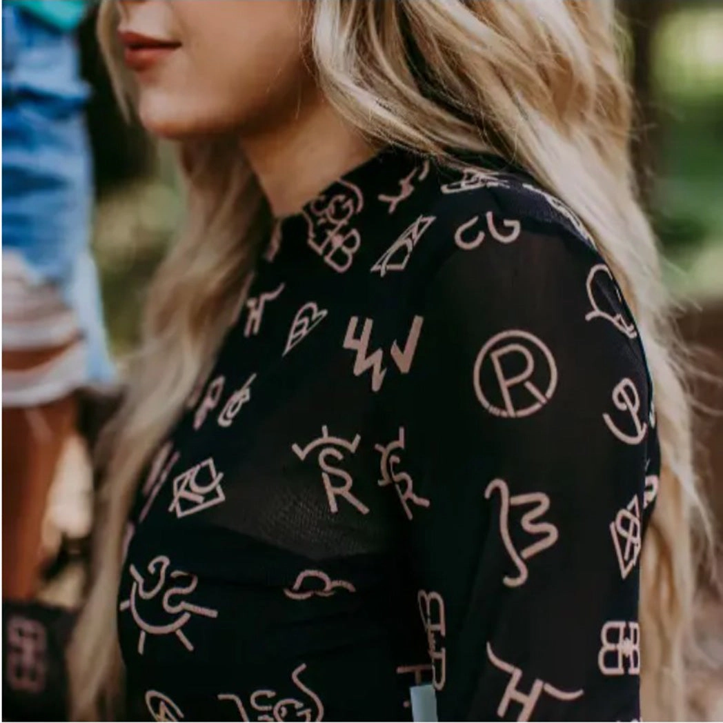 Breathable Underarm Gussets Women's Black & Brown Cattle Brands Mesh Long Sleeve