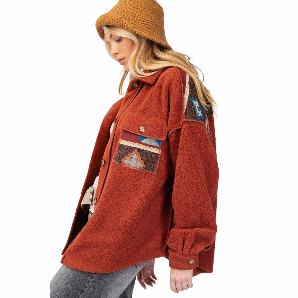 Abrasion Resistant Shell Stain Resistant Easel Women's Aztec Print Fleece Shacket