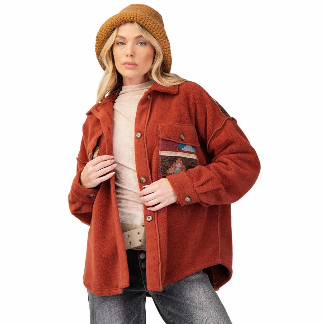 Easel Women's Aztec Print Fleece Shacket Stitched Look