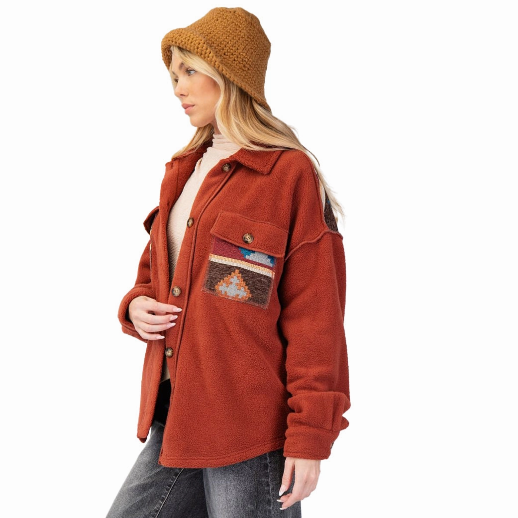 waterproof construction Functional Pocket Easel Women's Aztec Print Fleece Shacket