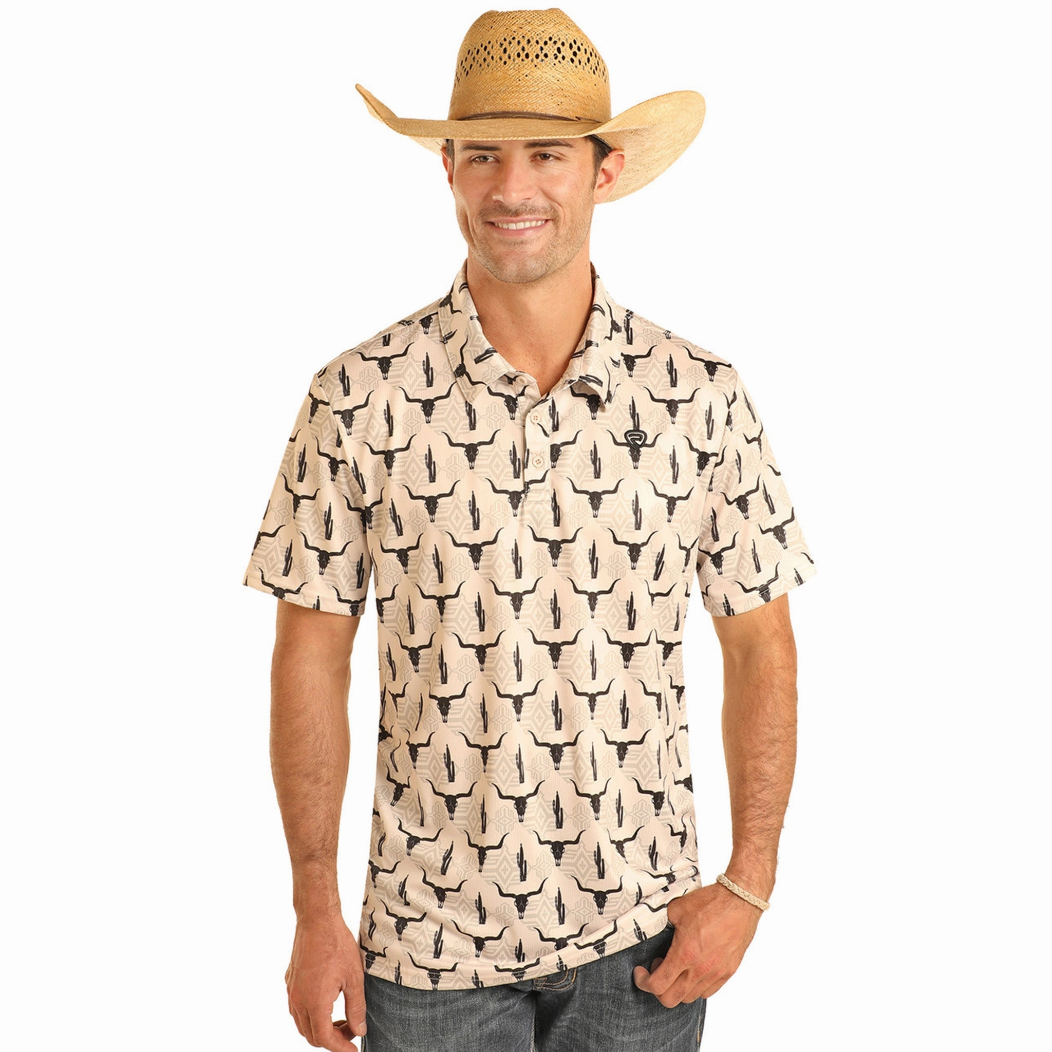Rock & Roll Men's Tan Longhorn Polo Rugged Style
