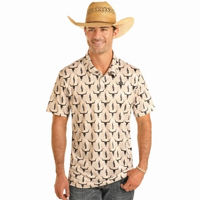 Rock & Roll Men's Tan Longhorn Polo Rugged Style