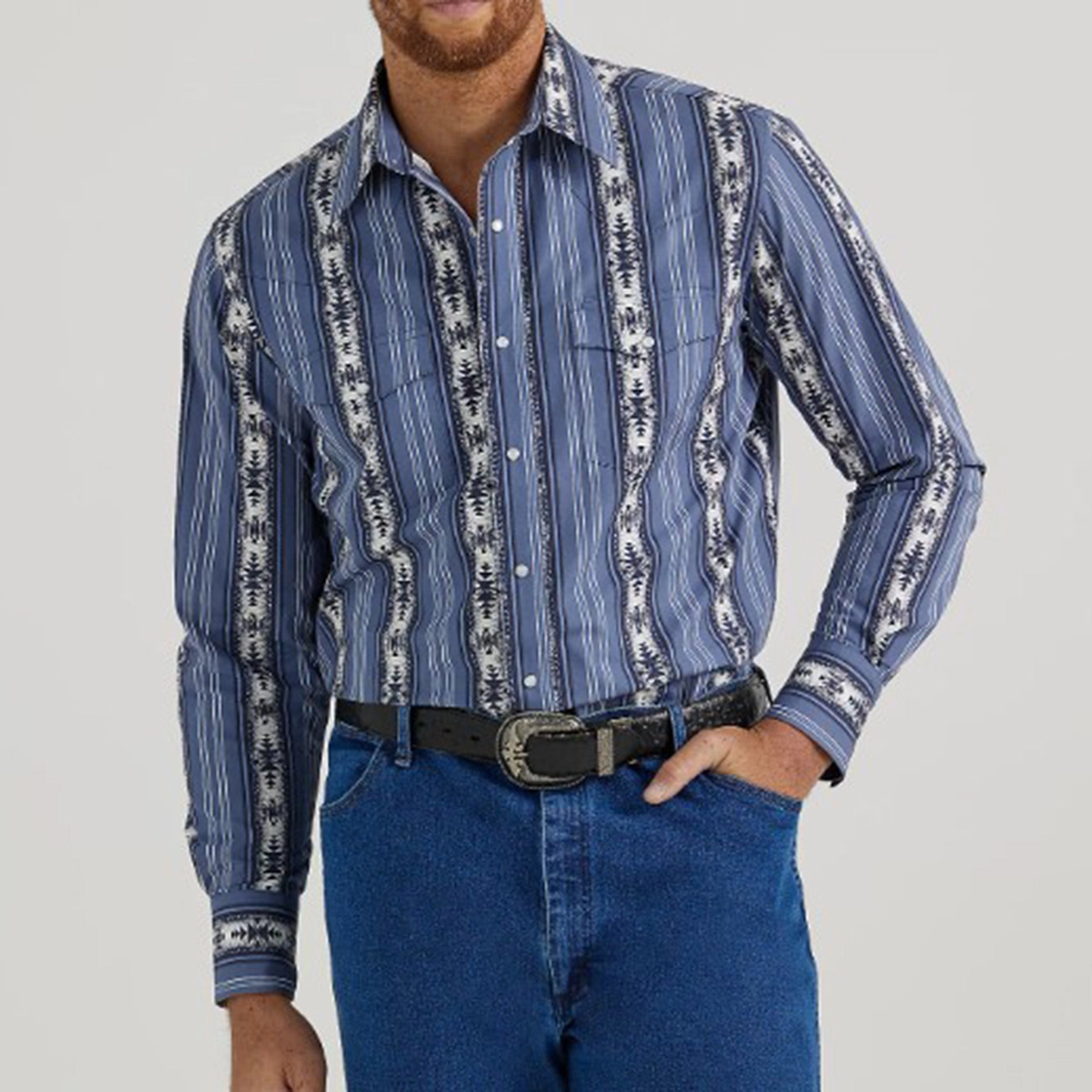 Wrangler Men's Blue Aztec Stripe Long Sleeve Premium Option high-low hem