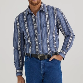 Wrangler Men's Blue Aztec Stripe Long Sleeve Premium Option high-low hem