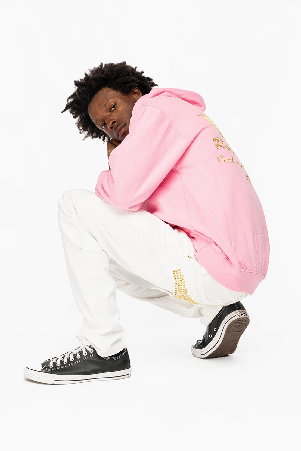 Sleek Performance Fit Soft & Cozy PULLOVER HOODIE IN LIGHT PINK WITH GOLD WINGS EMBROIDERY