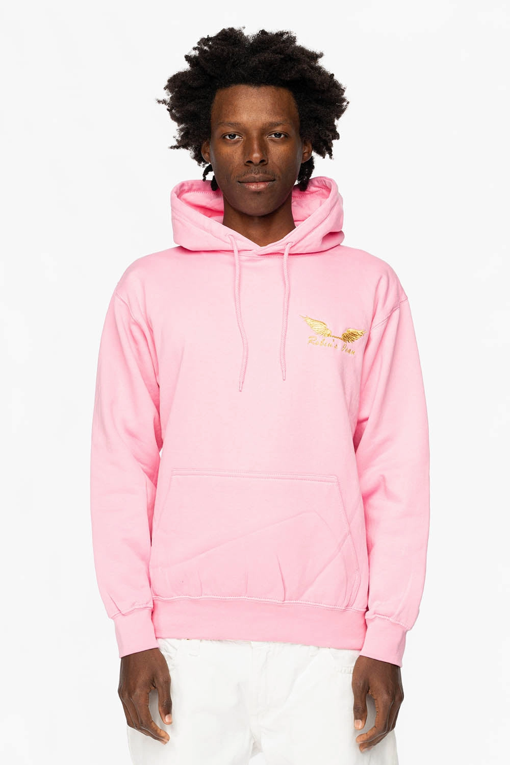 PULLOVER HOODIE IN LIGHT PINK WITH GOLD WINGS EMBROIDERY Warm Layers Stylish Design