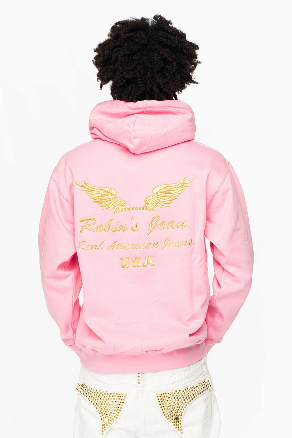 PULLOVER HOODIE IN LIGHT PINK WITH GOLD WINGS EMBROIDERY Flexible Layers Chill Wear