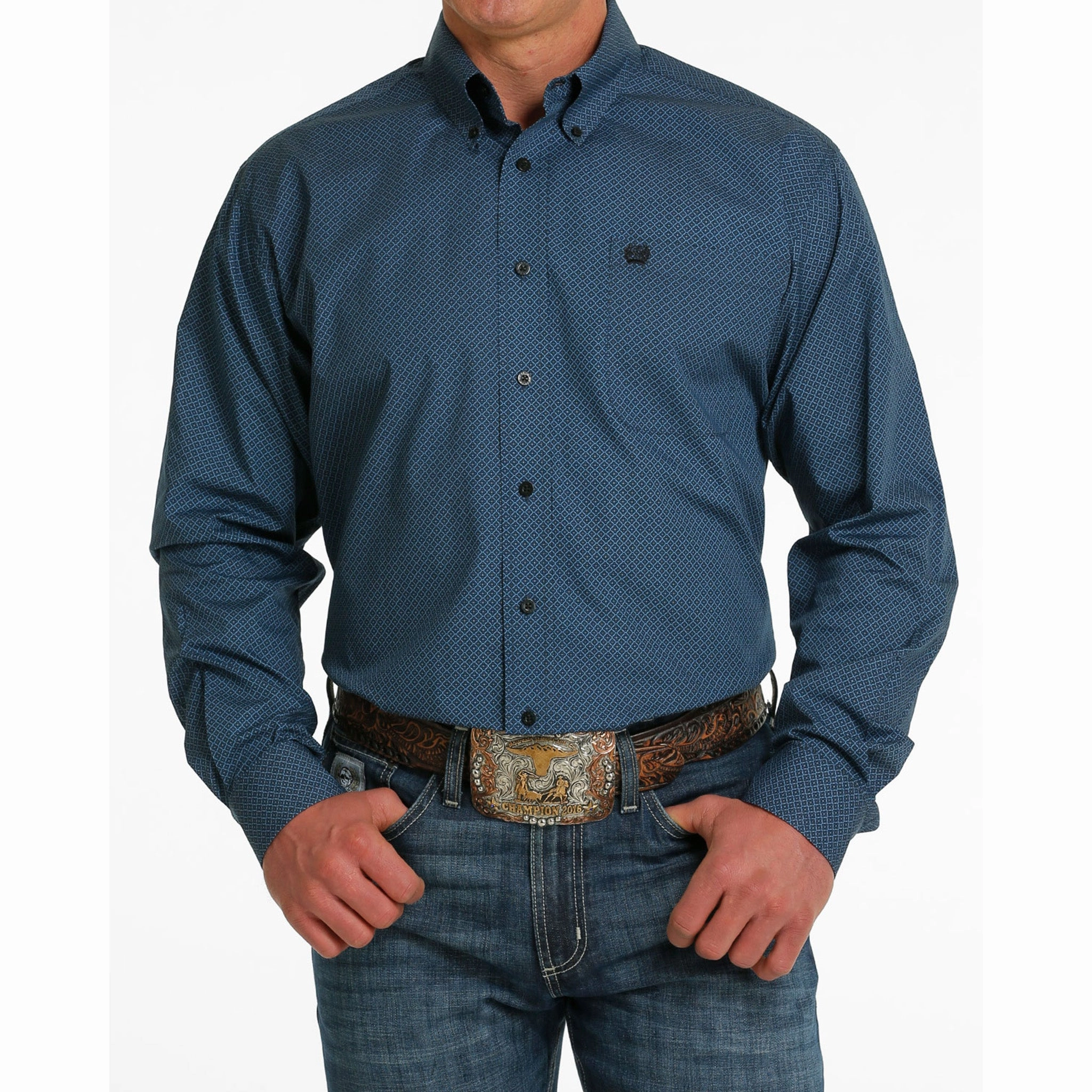 Cinch Men's Blue Geometric Print Shirt Weekend Outing Low Profile Pocket Design