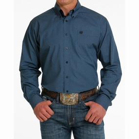 Cinch Men's Blue Geometric Print Shirt Weekend Outing Low Profile Pocket Design