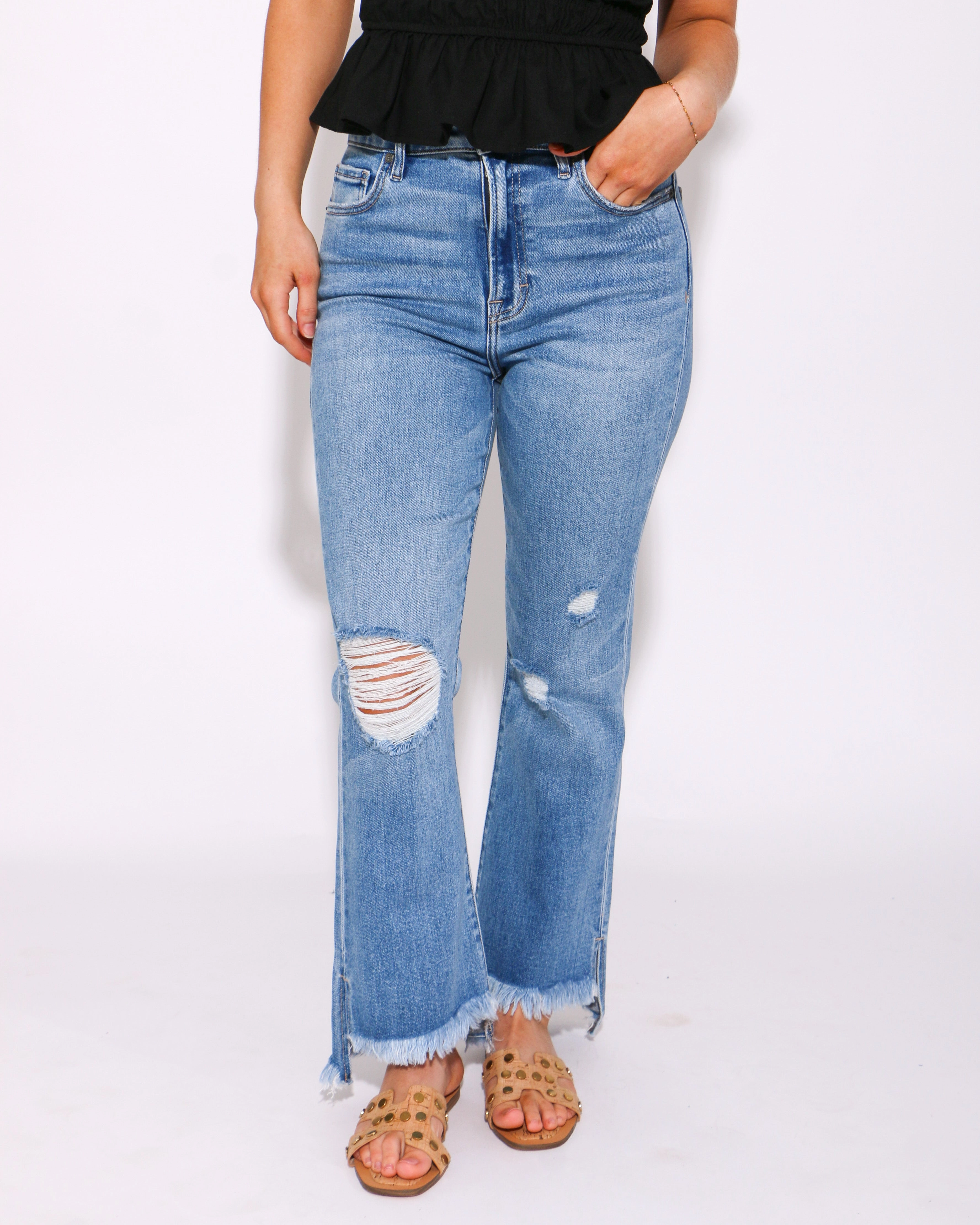 Breathable Denim Neutral Smooth Happi Crop Flare with Step Hem and Slit Jeans