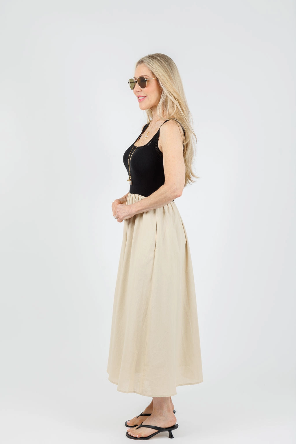 Recycled-Material Comfy Fit Leah Square Neck Crochet Top Mixed Dress - Natural