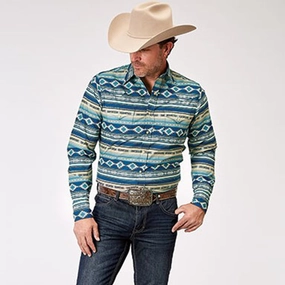 Country Escape Roper Men's Blue Southwest Aztec Long Sleeve