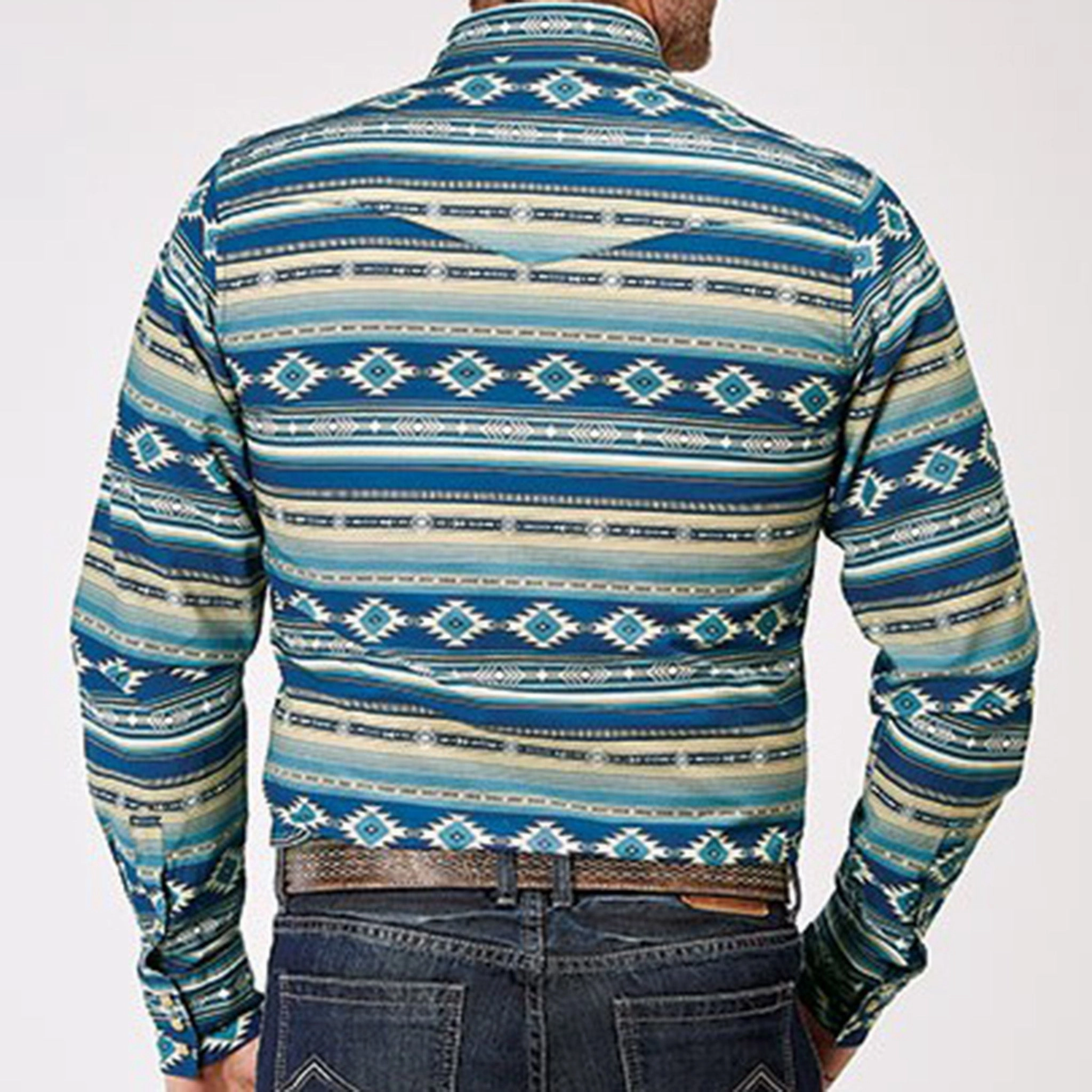 Roper Men's Blue Southwest Aztec Long Sleeve Microfiber Material Luxury Feel