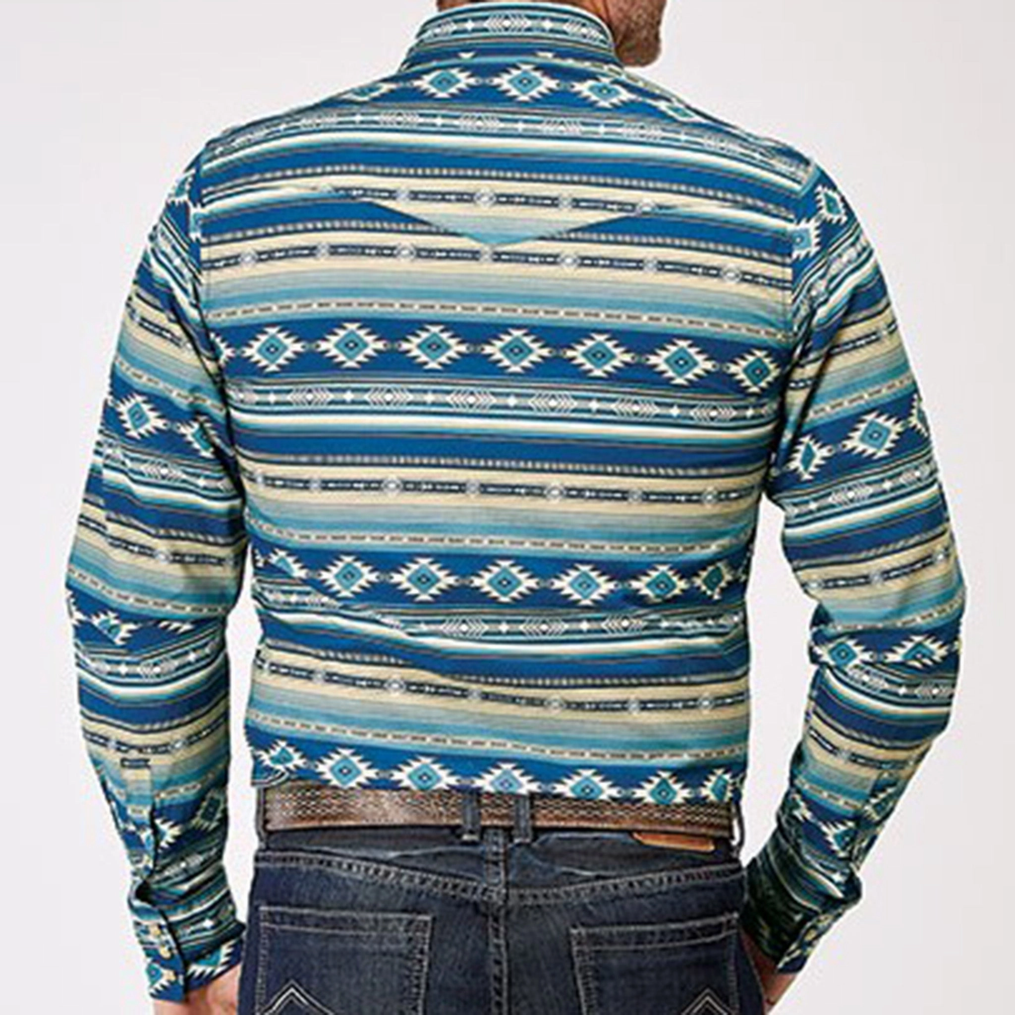 Roper Men's Blue Southwest Aztec Long Sleeve Stretchy Cloth