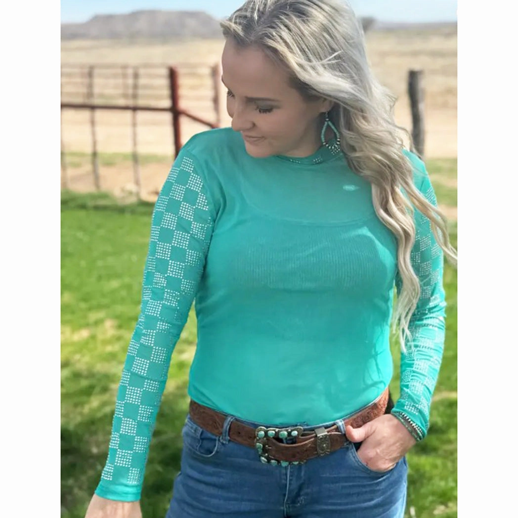 Organic Cotton Blend ReinforcedShoulderConstruction Turquoise Mesh Top with Rhinestone Checkered Sleeves
