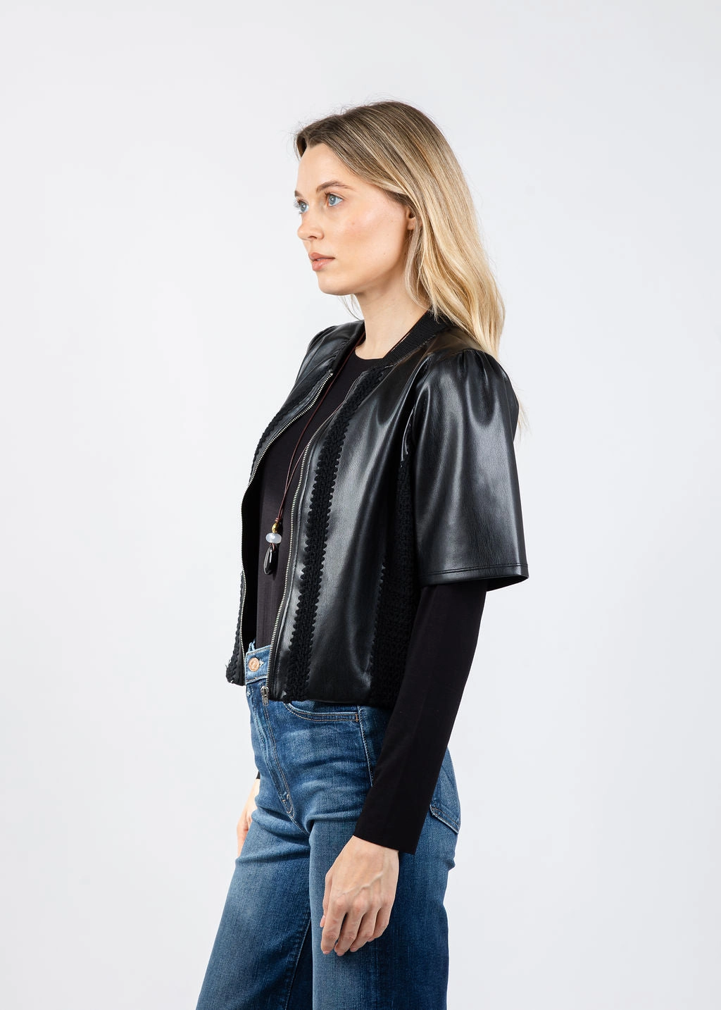 Lightweight Weave Material Contrast Stitch Accent Echo Vegan Crochet Zip Jacket - Black UV Protective Fabric