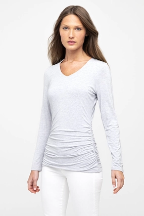 Bamboo Ruched Long Sleeve Vee Recycled Material Blend Cozy Appeal