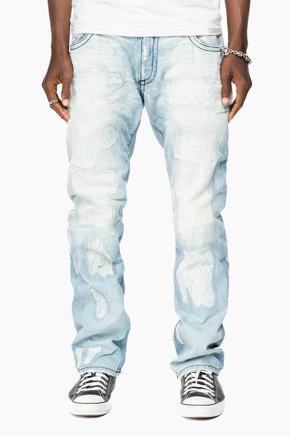 Modern Traveler Gear Sunny Vibes Trend Setter Trendy Premium ROBIN'S LIMITED EDITION REPAIRED JEANS IN 5D LIGHT BLUE WASH WITH CLEAR DIAMOND CRYSTALS