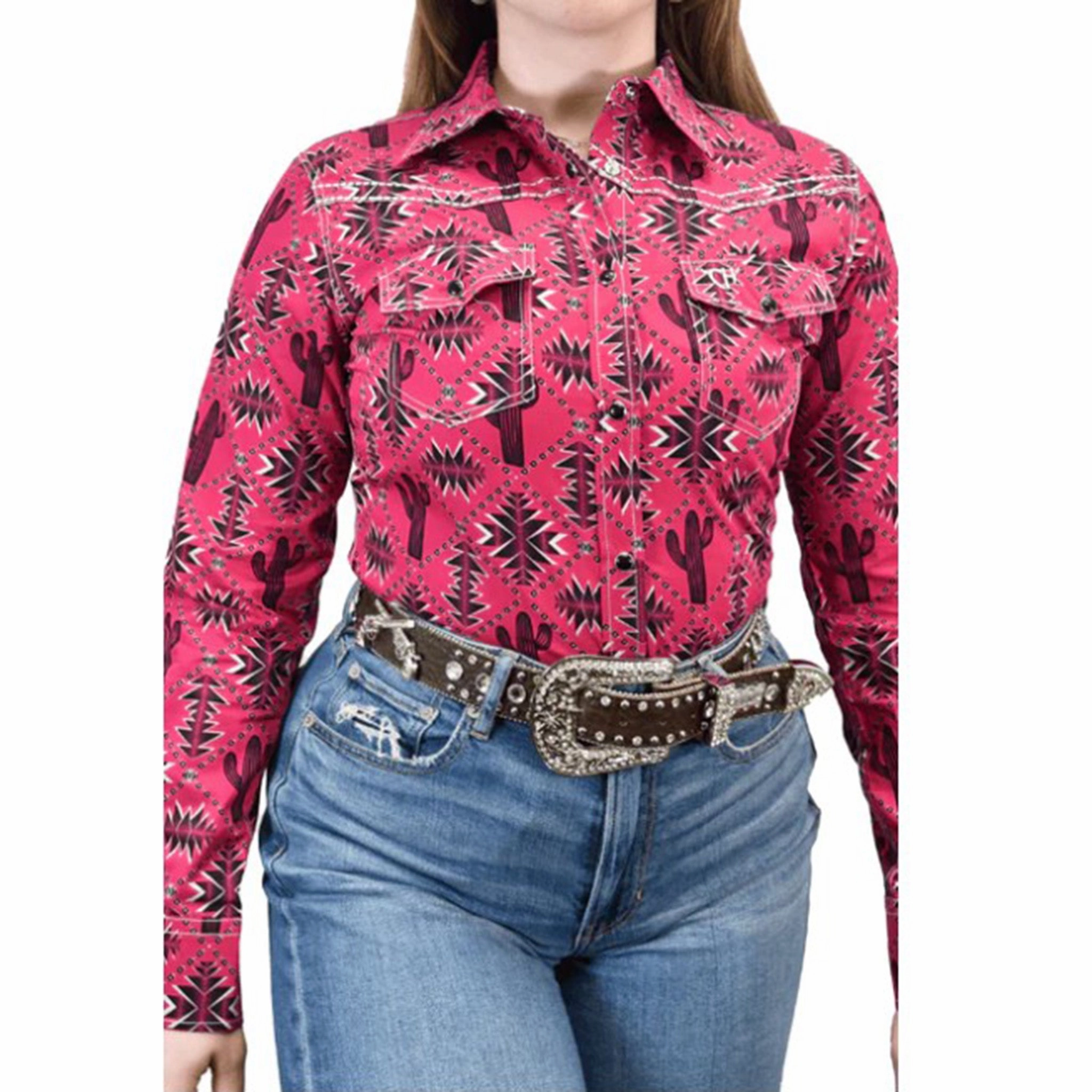EasyClean Breathable mesh panel Cowboy Hardware Women's Berry Aztec Saguaro Shirt