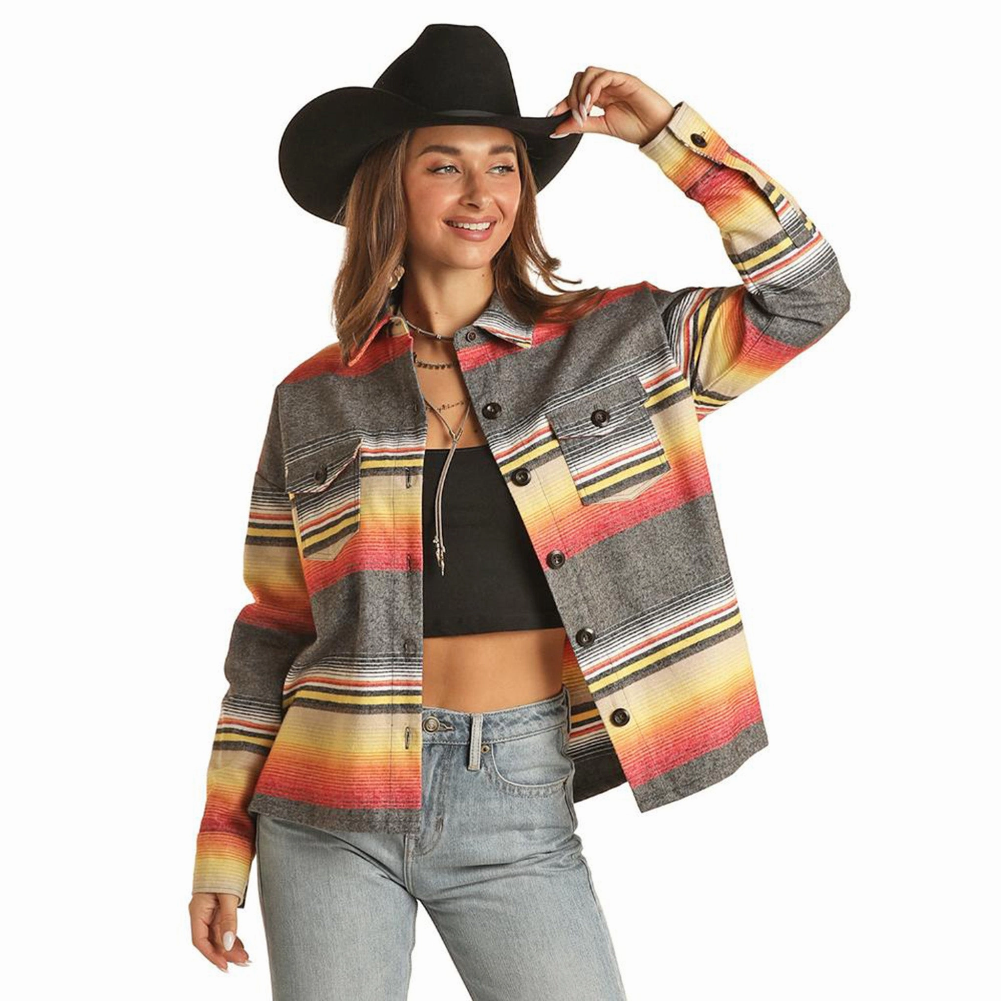 Rock & Roll Women's Black Shacket RibbedKnitCollar Hidden Storage Compartment