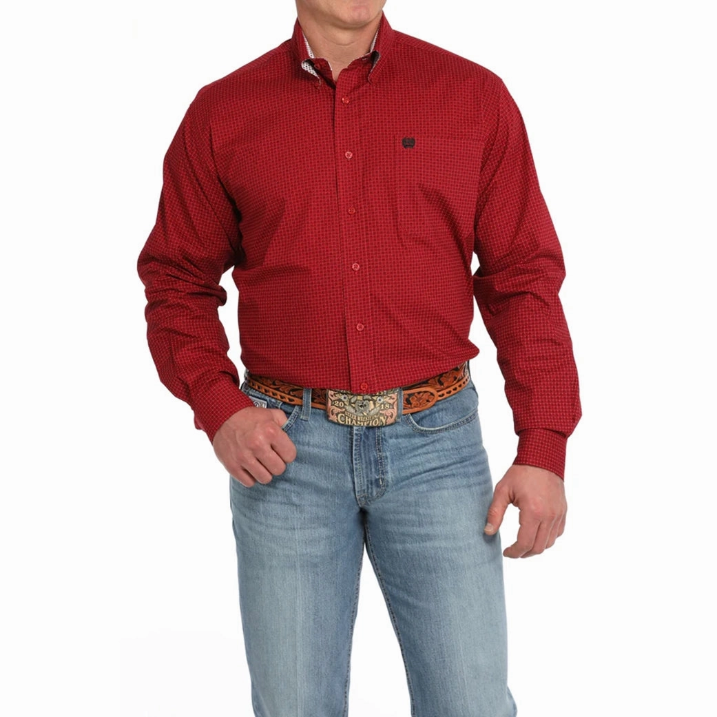 Reinforced Buttonholes Cinch Men's Red Geo Print Button Down