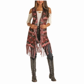 Taped Seam Waterproofing FullLengthZip Powder River Outfitters Ladies Aztec Jacquard Fringe Vest