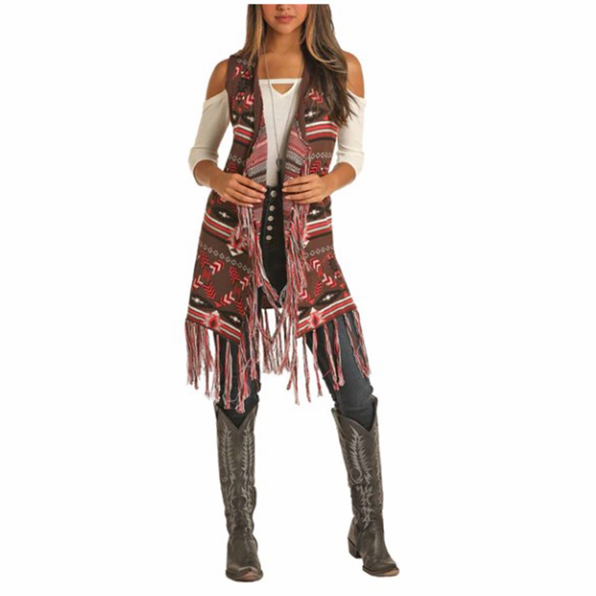 Stylish Chill Piece Powder River Outfitters Ladies Aztec Jacquard Fringe Vest