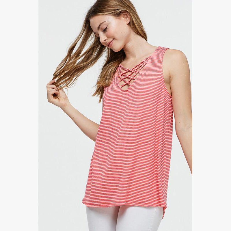 Garment Dyed Finish SubtleTexture Women's Coral and White Stripe Criss Cross Tank