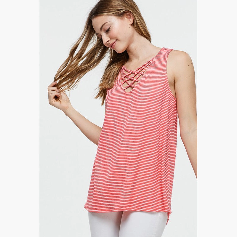 Women's Coral and White Stripe Criss Cross Tank Recycled Polyester Blend