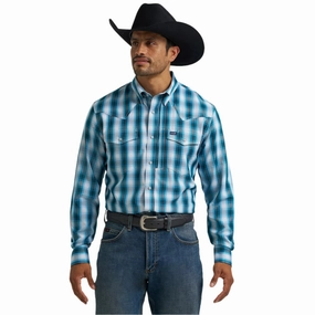 Wrangler Performance Teal/Black Plaid Long Sleeve Shirt Abrasion resistant Gift Idea