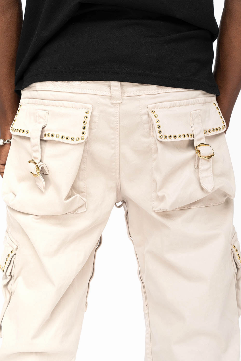 ROBINS NEW MILITARY STYLE CARGO PANTS IN STONE COLOR WASH WITH  BLACK DIAMOND CRYSTALS Simple clothing
