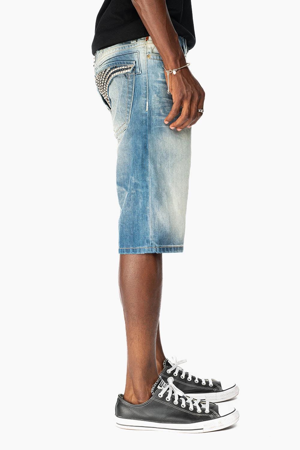 LIMITED EDITION MENS SHORT WITH FLAP POCKETS IN OMAHA MEDIUM WASH WITH CRYSTALS AND  STUDS Relaxed Thigh Cut Brunch Outfit Classic Wear Luxury