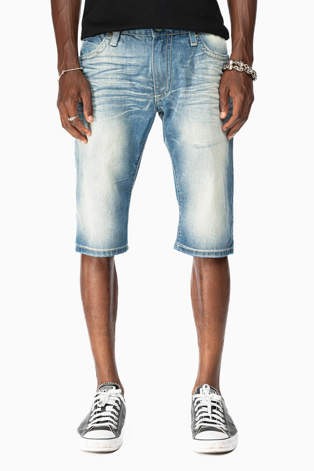 LIMITED EDITION MENS SHORT WITH FLAP POCKETS IN OMAHA MEDIUM WASH WITH CRYSTALS AND  STUDS City Walk Bold Look